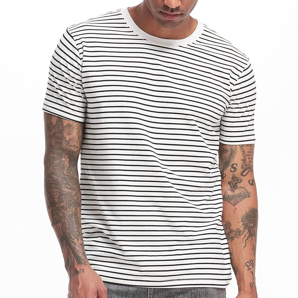 VEIISAR Men's Crewneck Striped T-Shirt Soft Elastic Cotton Tees | Amazon (US)