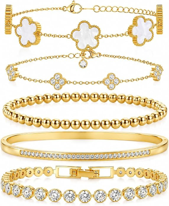 18K Gold Plated Clover Bracelet Set for Women - Four Leaf Lucky Clover Stackable Bracelets, Adjus... | Amazon (US)