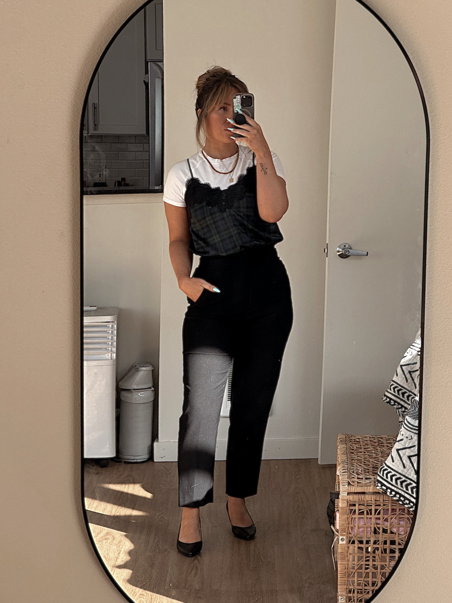 tee - h&m
cami - abercrombie 
pants - zara
heels - amazon 

#LTKStyleTip #LTKWorkwear #LTKFindsUnder50