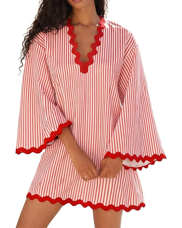 VAOYIU Women's Boho Striped V-Neck Dress Flowy Bell Sleeves Cover Up with Wavy Trim Beach Resort ... | Amazon (US)