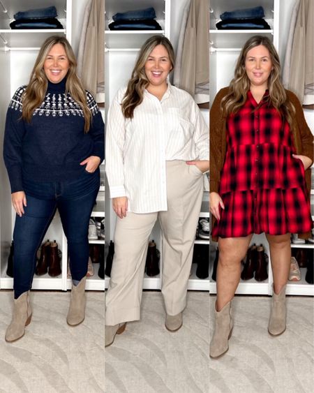 Plus Size Style Session: Styling Ankle Boots from WYDR! Look 1: Sweater is Free Assemby at Walmart in an XXL and the jeans are maurices in a size 18. Look 2: Top is Madewell in a 2X and the pants are from Abercrombie in a size 35. Look 3: the dress is from Walmart in a size XXXL and the cardigan sweater is also from Walmart wearing a 2X! 

#LTKSeasonal #LTKplussize #LTKHoliday