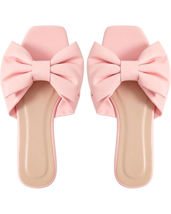 GORGLITTER Women's Bow Flat Sandals Dressy Square Open Toe Sandals Comfortable Slip On Slide Sand... | Amazon (US)