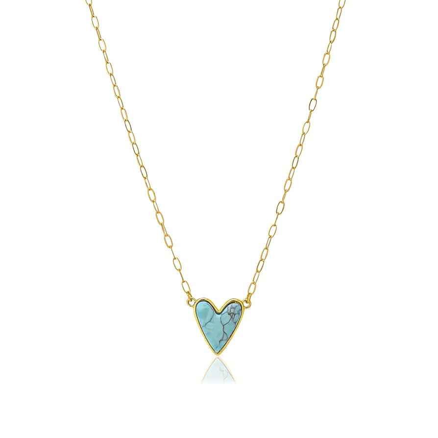 Mothers Day Gifts - Genuine Natural Turquoise Heart Paper Clip Necklace 14K Real Gold Plated Love... | Amazon (US)