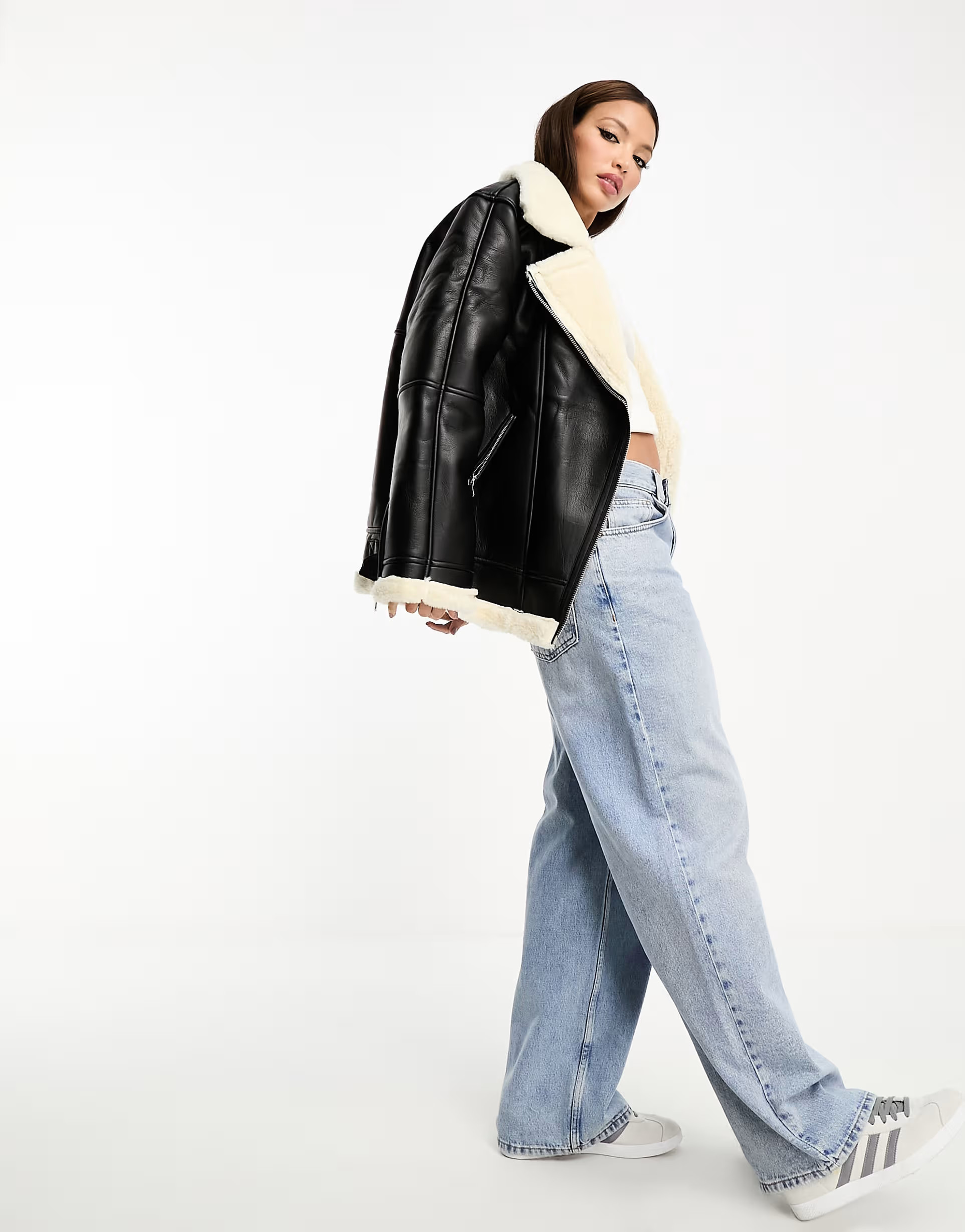 ASOS DESIGN Tall faux leather bonded borg aviator in black | ASOS | ASOS (Global)