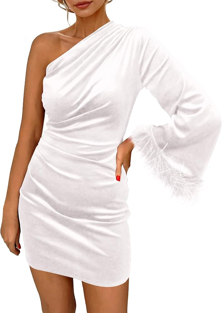PRETTYGARDEN Women's Fall Long Sleeve Velvet Dress One Shoulder Mini Bodycon Wedding Guest Party ... | Amazon (US)