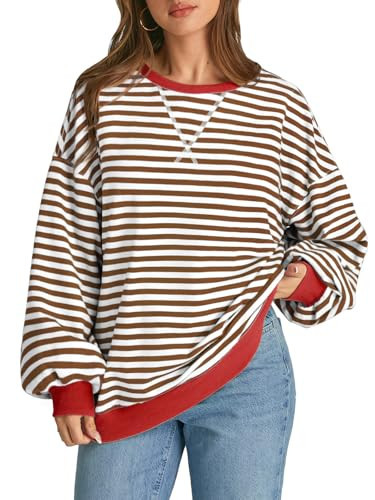 ATHMILE Women's Striped Oversized Sweatshirt Long Sleeve Shirts for Women Crewneck Hoodies Casual Pullover Top Y2K Tops Brown White | Amazon (US)