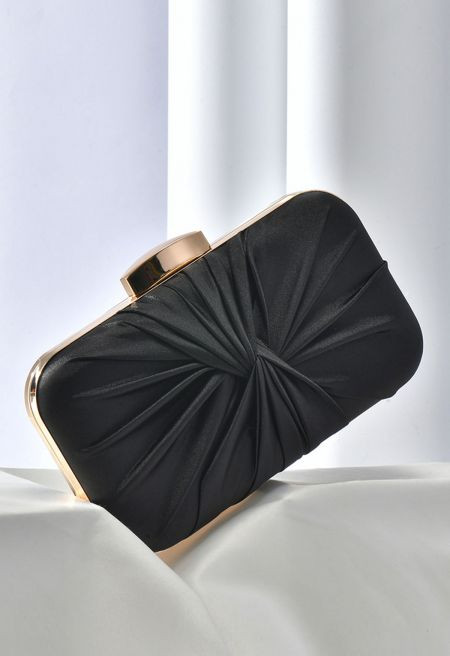 Ruched Knotted Satin Clutch in Black | Chicwish