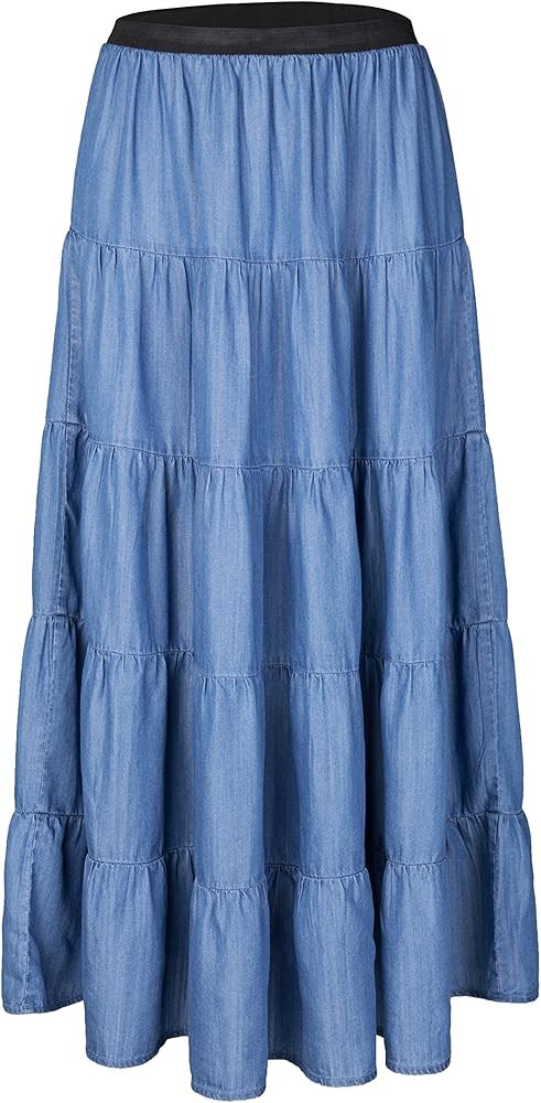 Tronjori Womens A Line Long Lightweight Tencel Denim Tiered Skirt with Multi Layers | Amazon (US)