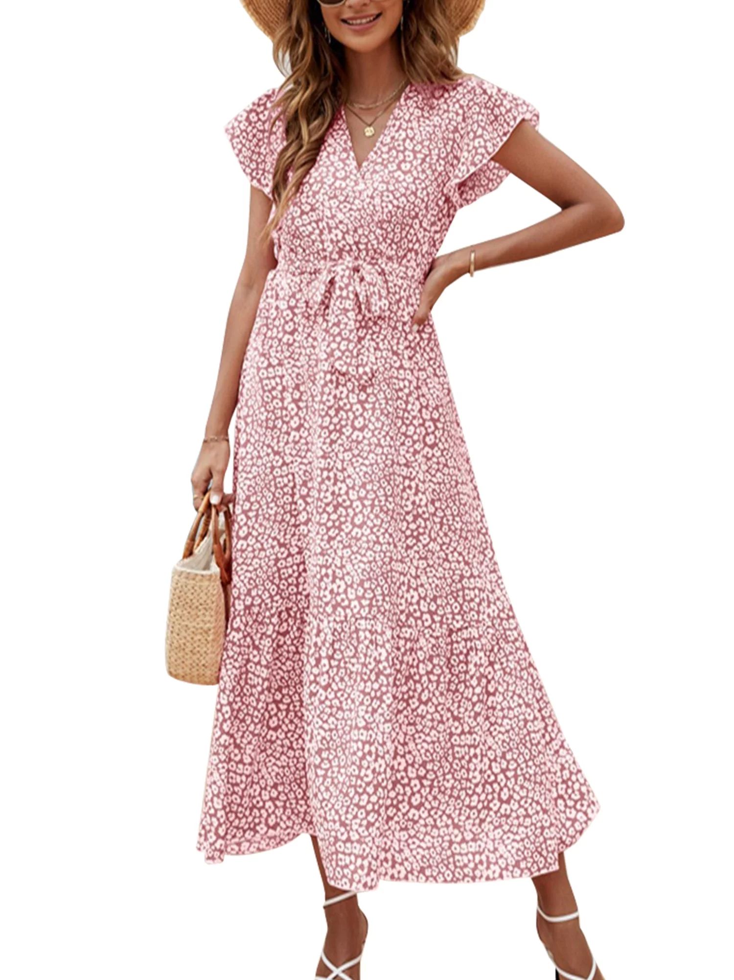 MOSHU Floral Maxi Dresses for Women Ruffle Sleeve A-Line Bohemian Summer Dress with Belted - Walm... | Walmart (US)