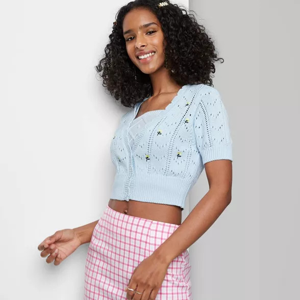 Women's Short Sleeve Floral Embroidered Cropped Cardigan - Wild Fable™ | Target