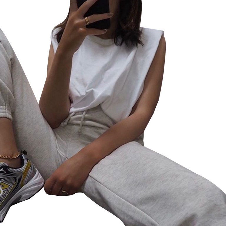 Women Padded Shoulder T-shirts Sleeveless Solid Color Round Neck Top Casual Style Pullover - Walm... | Walmart (US)