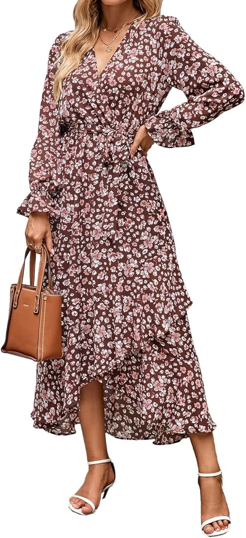 BTFBM Women Long Sleeve Wrap Maxi Dress V Neck Boho Floral High Waist Flowy Ruffle 2023 Summer Fa... | Amazon (US)