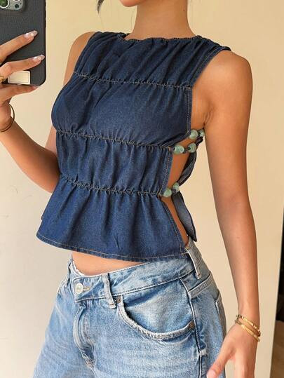Aloruh Women's Casual Washed Denim Sleeveless Tank Top With Side Slit, Night Out Denim Crop Top W... | SHEIN