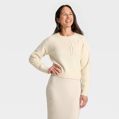 Women's Holiday Crewneck Pullover Sweater - Universal Thread™ Cream Letters | Target
