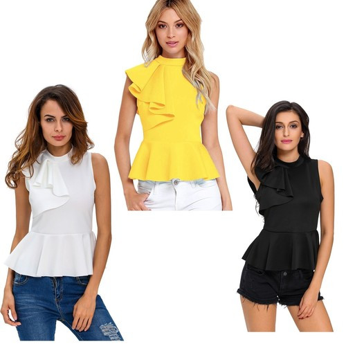 Women White Black Yellow Asymmetric Ruffle Side Peplum Top T-shirt Blouse | eBay US