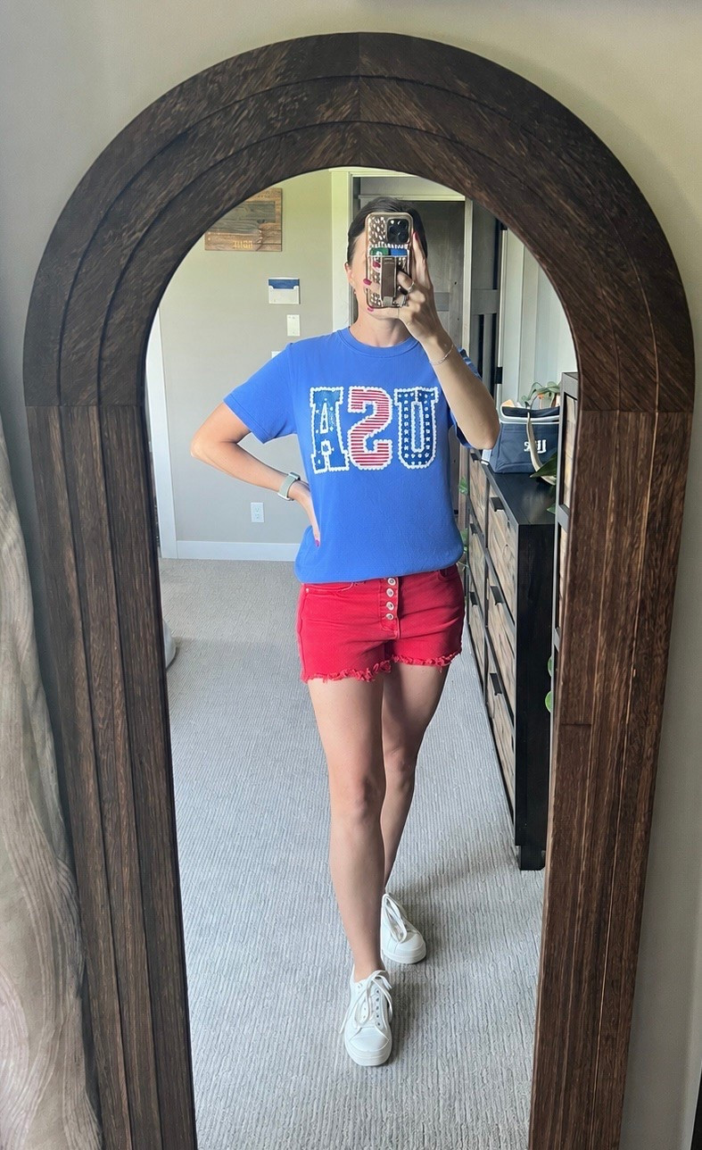 USA shirt with red shorts. 

#usa #redwhiteblue #pinklily

#LTKOver40 #LTKSeasonal #LTKootd