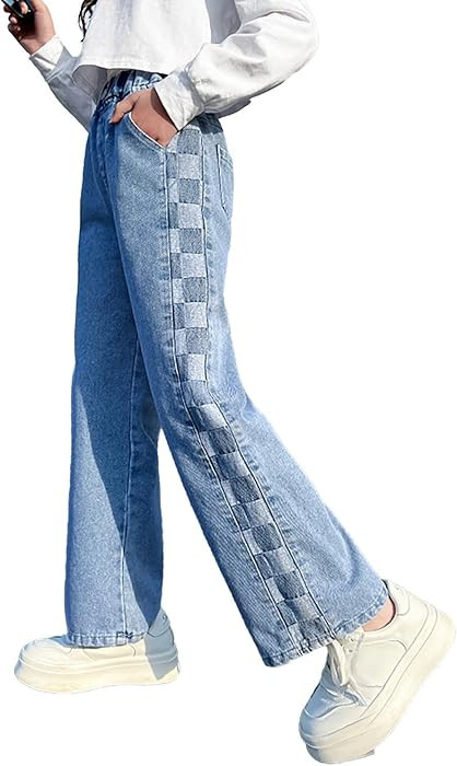 Rolanko Girls Jeans Denim Elastic Wasit Wide Leg Baggy Pants Kids Clothes 4-14 Years | Amazon (US)
