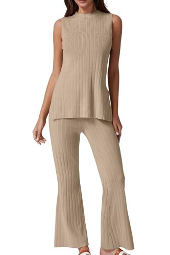 QINSEN 2 Piece Set for Women Sleeveless Knit Sweater Top Wide Leg Pants Summer Lounge Sets Khaki XL | Amazon (US)