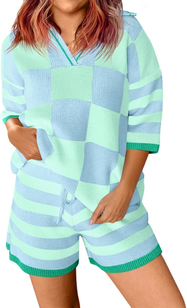 Aoysky Womens 2 Piece Outfits Sweater Sets Color Block Striped Half Sleeve V Neck Knit Tops Short... | Amazon (US)