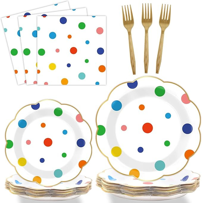 96 Pcs Colorful Birthday Plates and Napkins Colorful Polka Dots Party Supplies Rainbow Dots Table... | Amazon (US)