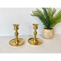 Vintage Solid Gold Brass Candlestick Holders, Pair Of Shiny Candle Mid Century Style Home Decor, Made in India/Lacquered Usa | Etsy (US)