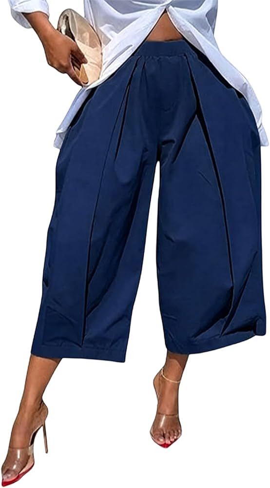 LETSVDO Women Wide Leg Palazzo Capri Pants High Waist Baggy Barrel Balloon Pleated Gaucho Crop Tr... | Amazon (US)