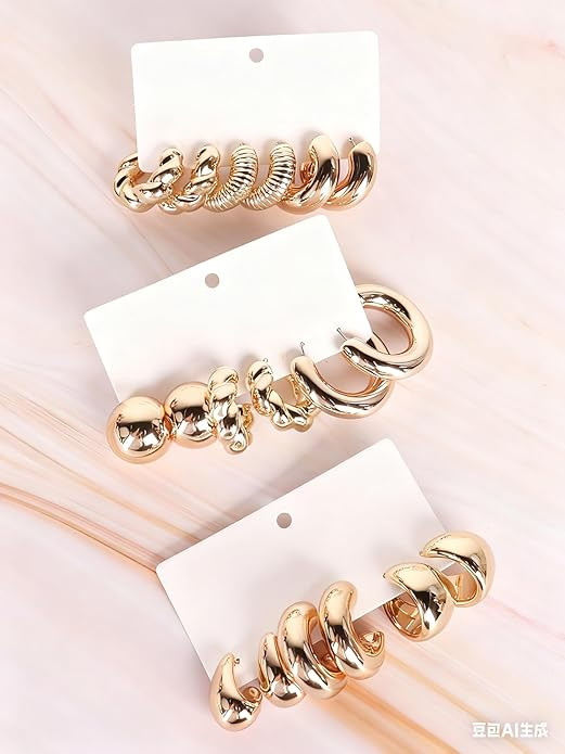 9 Pairs 14K Gold Hoop Earrings for Women, Fashion Hypoallergenic Chunky Twisted Open Hoops Dangle... | Amazon (US)