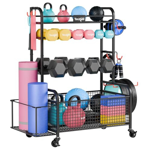 Yes4All Dumbbell Rack, Weight Rack for Home Gym, Sports Equipment Organizer for Dumbbells Kettlebells Yoga Mat Foam Roller and Balls, All in One Gym Workout Storage with Basket, Wheels and Hooks | Amazon (US)