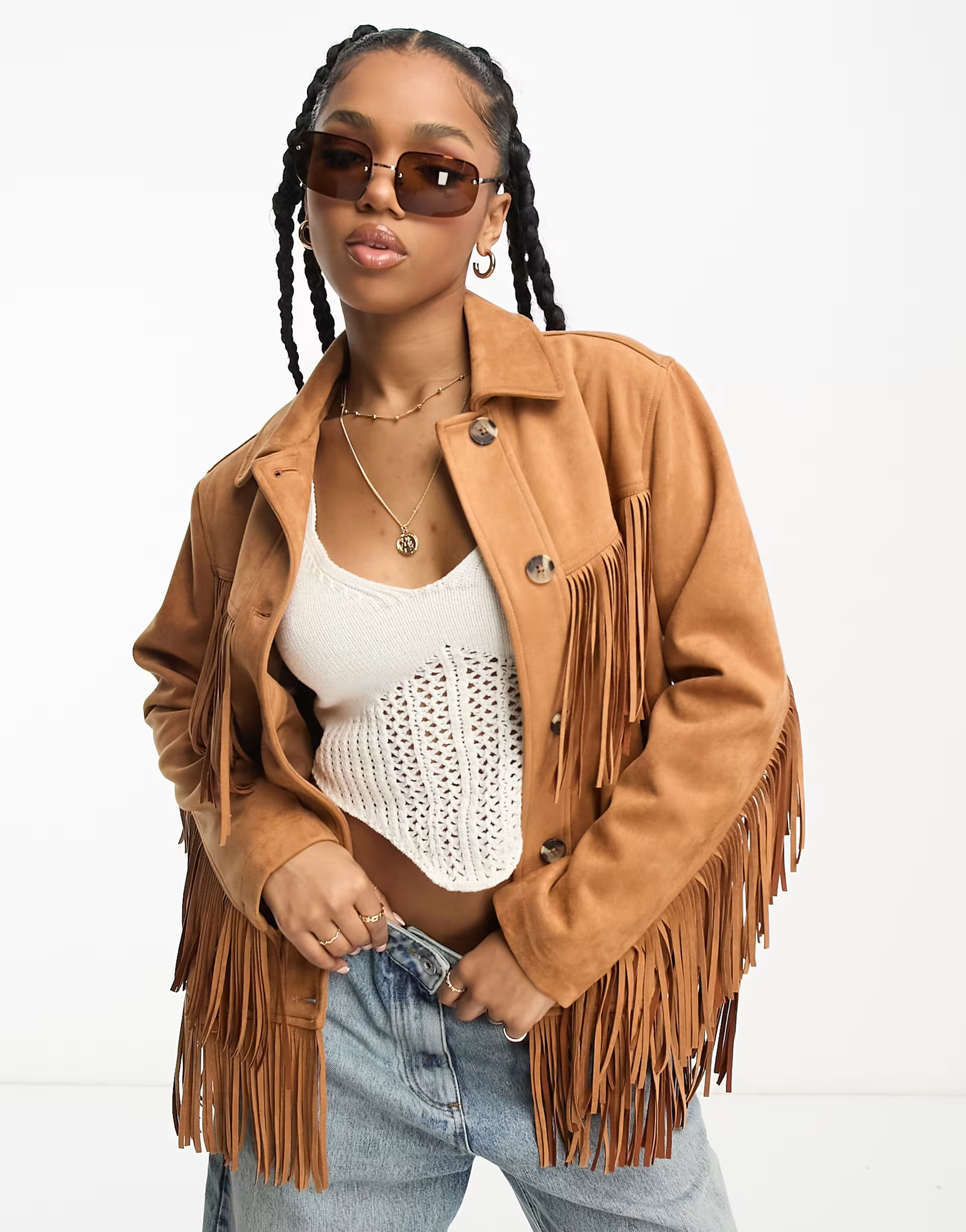 Miss Selfridge western suedette fringe longline jacket in tan | ASOS (Global)