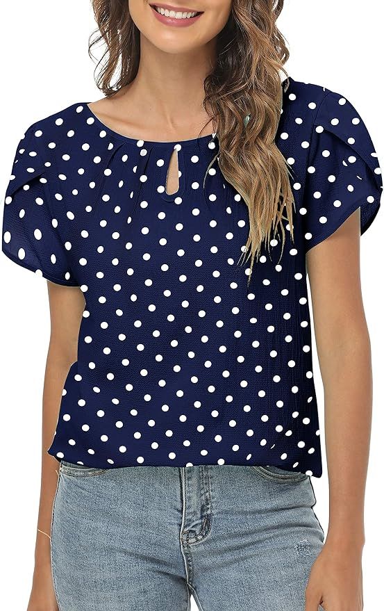 Women's Pleated Cap Sleeve Blouse Keyhole Chiffon Tops Casual Summer Work Round Neck Tunic Shirts | Amazon (US)