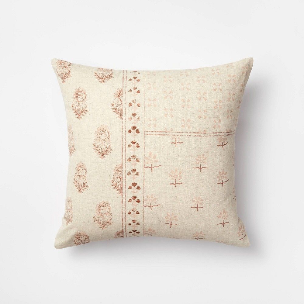 Printed Patchwork Square Throw Pillow with Tassel Zipper Cream/Mauve - Threshold™ designed with Stud | Target