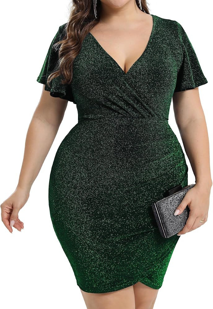 2024 Winter Womens Sparkly Glitter Ruched Bodycon Cocktail Party Formal Sparkle Sequin Ruffle Sle... | Amazon (US)