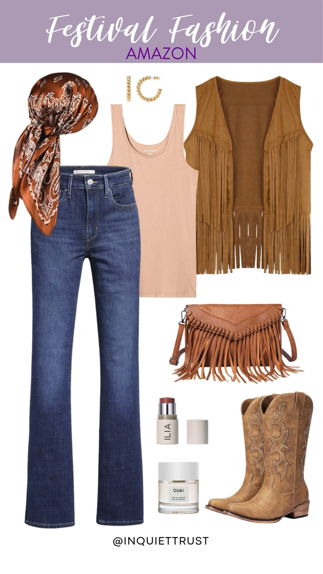 Ready to sway to the rhythm of good vibes and even better style! This festival fit from Amazon is serving up all the boho-western charm needed to dance from sunrise to sunset. I mean look at the cool fringe vest, suede crossbody bag, and those cool cowboy boots? Perfection!
#concertstyle #bohochic #bohemianoutfit #hippiechic 

#LTKSeasonal #LTKStyleTip #LTKU
