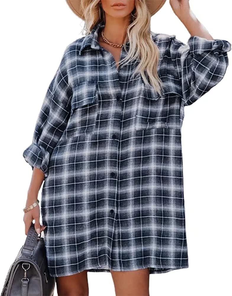 LEEDYA Womens Flannel Buffalo Plaid Shirt Long Sleeve Casual Button Down Blouses Top | Amazon (US)