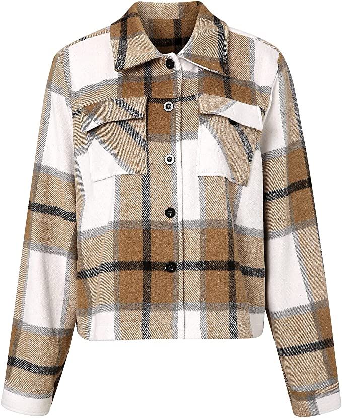 FindThy Women’s Cropped Wool Blend Plaid Shacket Long Sleeve Button Down Flannel Shirt Jacket C... | Amazon (US)