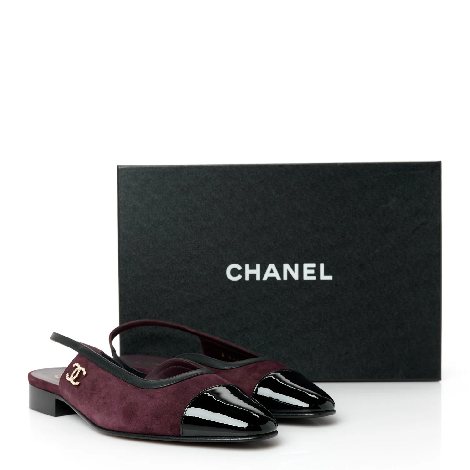 Chanel Suede Patent Crystal CC Cap Toe Slingback Flats 37.5 Burgundy Black | FASHIONPHILE (US)