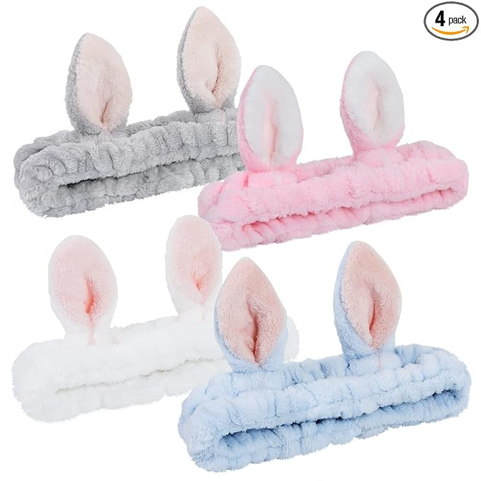 4 Pack Elastic Makeup Headbands for Women, Girls' Soft Flannel Bunny Ears Headbands Head Wraps, S... | Amazon (US)
