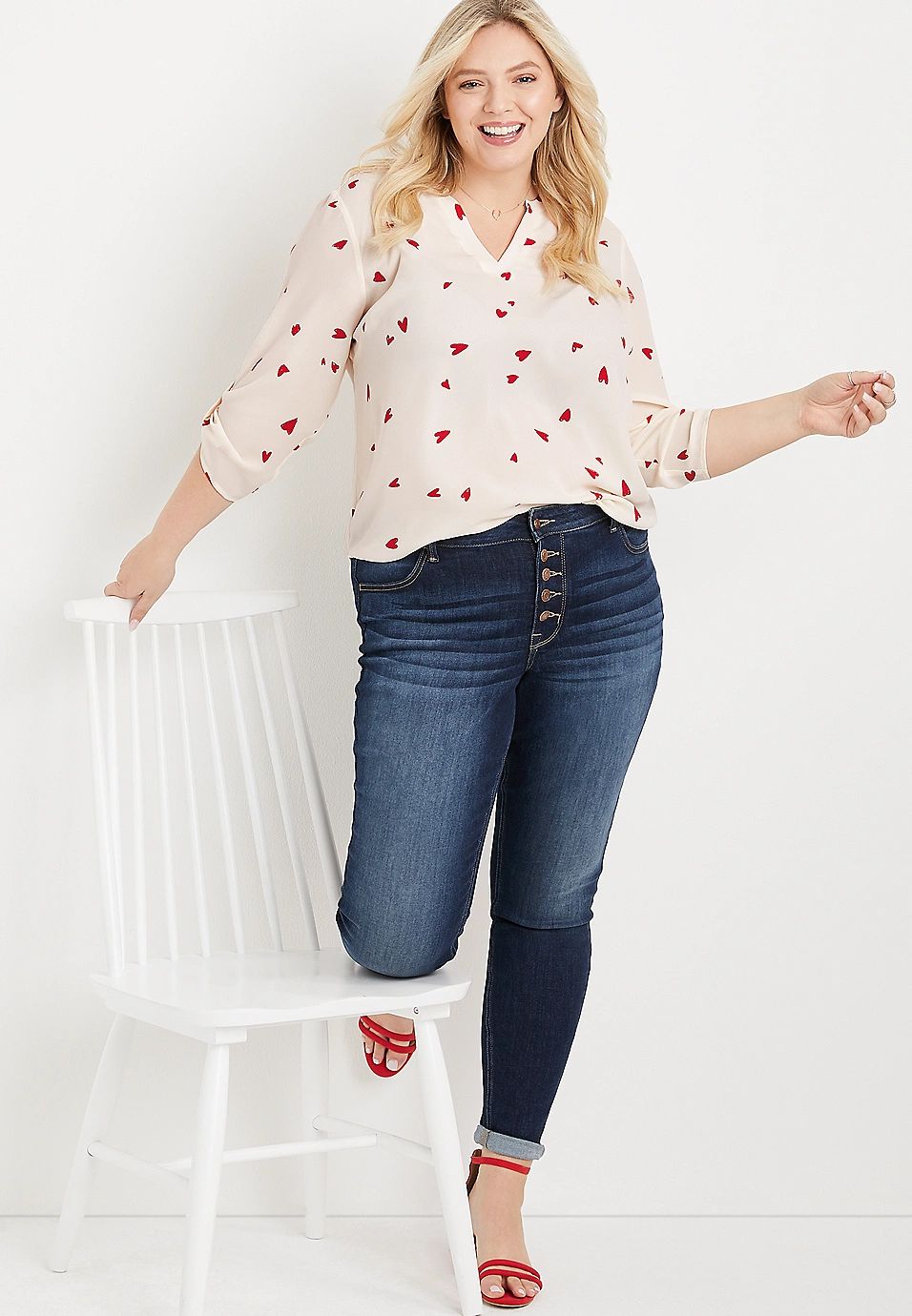 Plus Size Atwood Heart 3/4 Sleeve Popover Blouse | Maurices