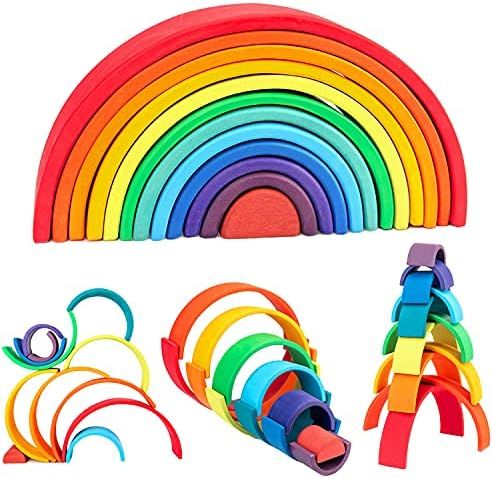 Amazon.com: WOOD CITY Rainbow Stacking Toys, 12-Piece Double Natural Wooden Rainbow Stacker, Wald... | Amazon (US)