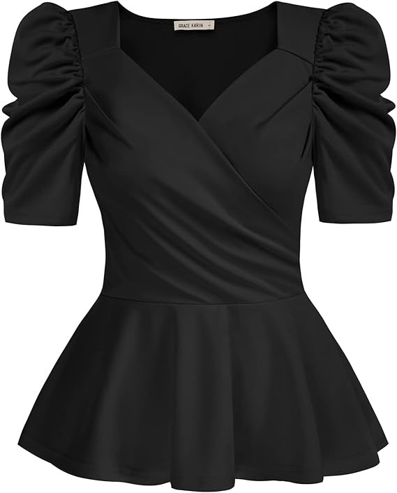 GRACE KARIN Womens Summer Tops Elegant Dressy 2026 Peplum Wrap Top V Neck Puff Short Sleeve Blous... | Amazon (US)