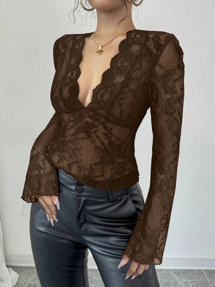 Firerie Women's Black V-Neck Lace Patchwork Bell Sleeve Lace Blouse | SHEIN
