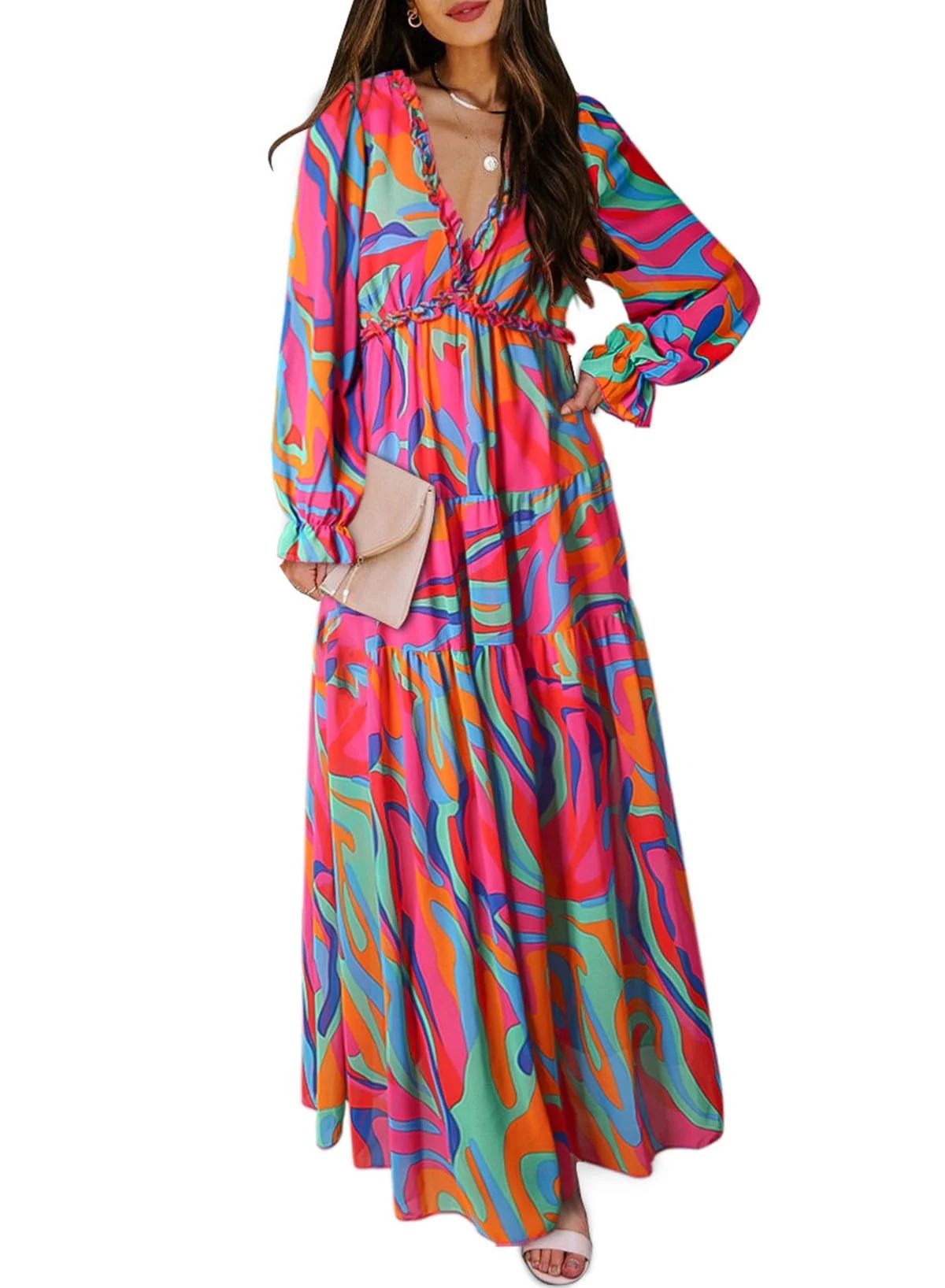 Dokotoo Women's Colorblock Floral Bohemian Maxi Dress Casual Long Sleeves Elastic Cuffs Fall Dres... | Walmart (US)
