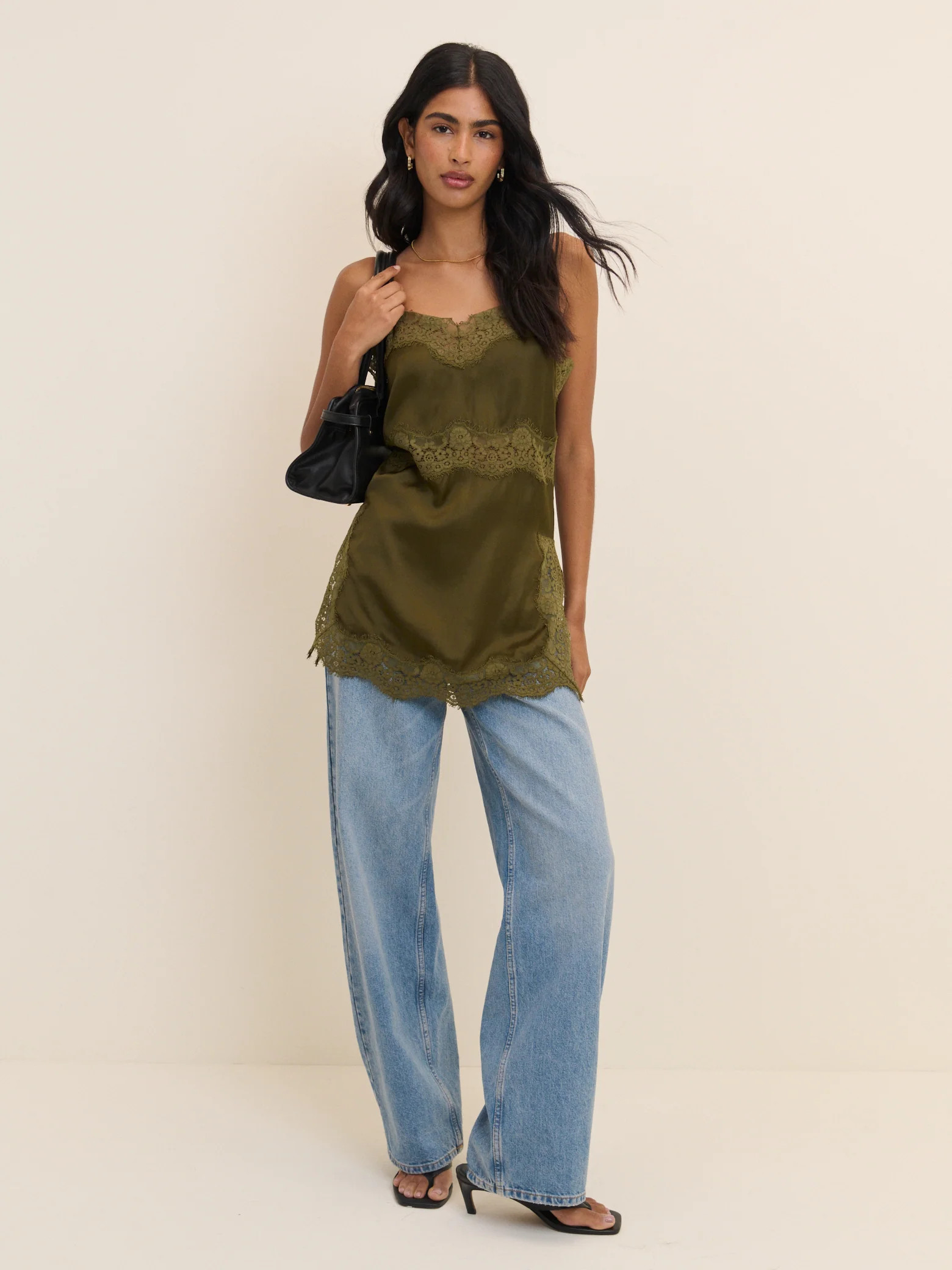 Khaki Lace Trim Satin Cami Top | Nobody's Child