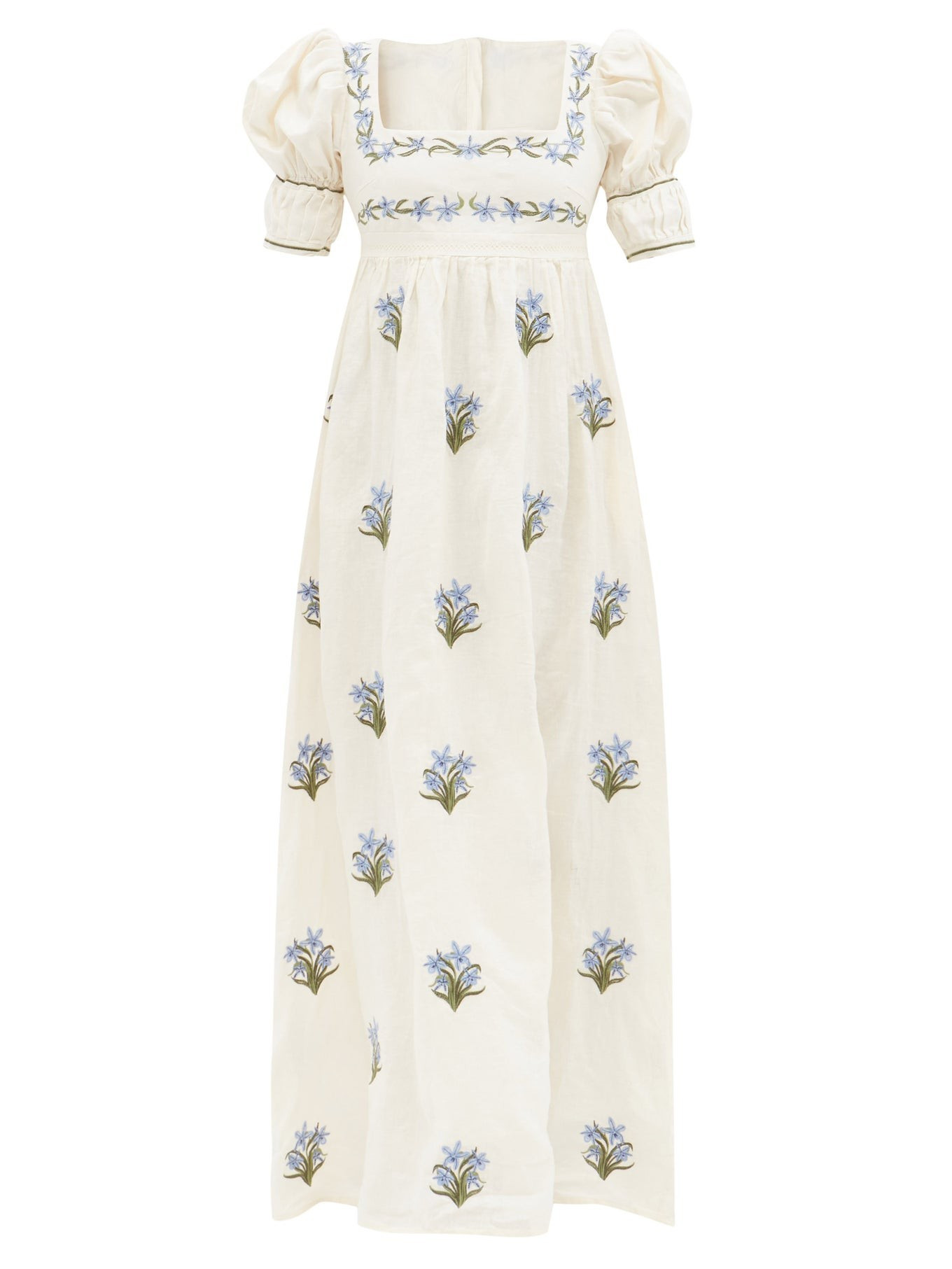 Floral-embroidered puff-sleeve linen maxi dress | Agua by Agua Bendita | Matches (US)