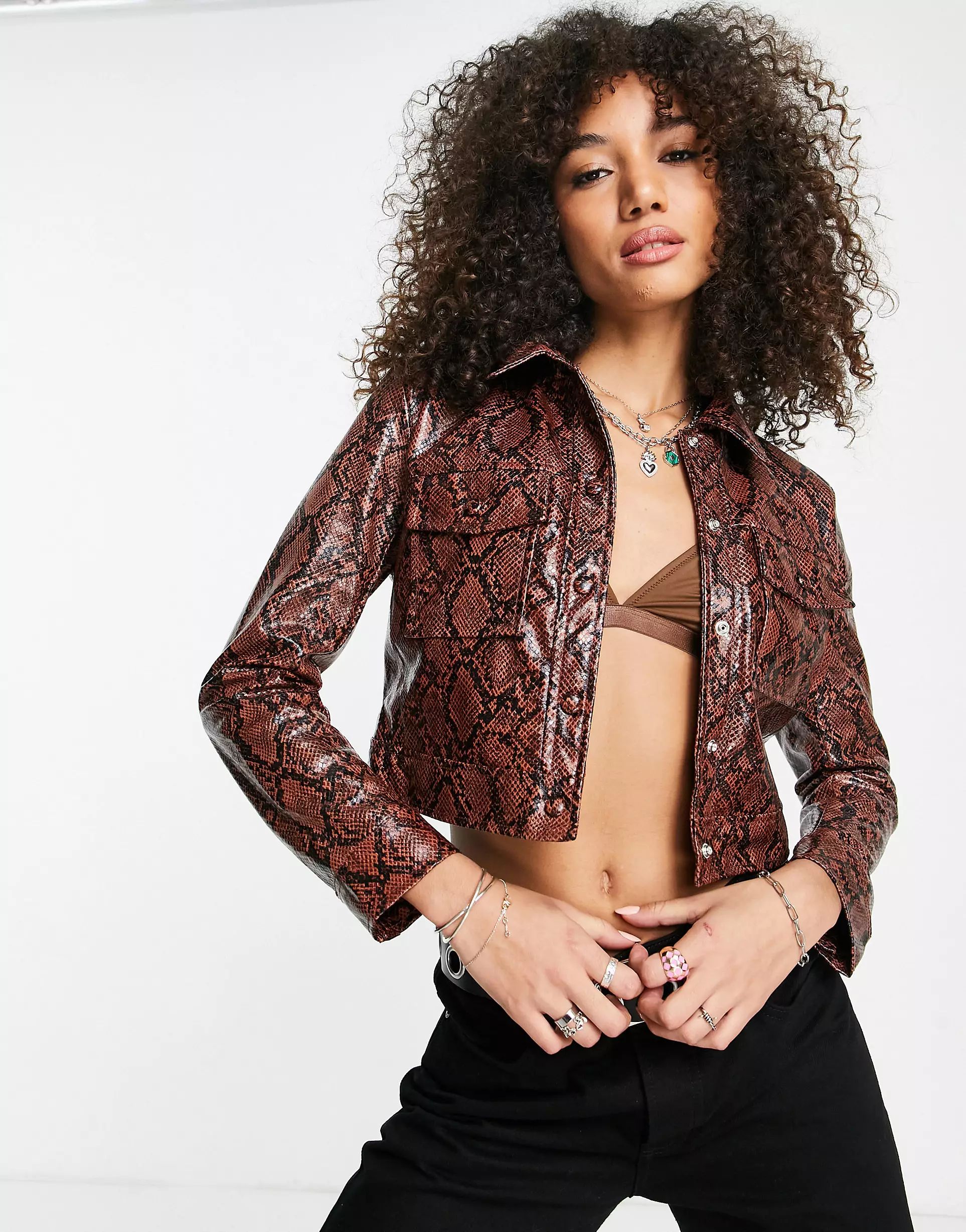 Bershka faux leather snake effect jacket in brown (part of a set) | ASOS (Global)