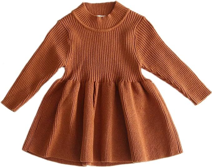 Merqwadd Infant Toddler Baby Girl Pleated Dress Solid Longsleeve Knit Sweater Winter Dress | Amazon (US)