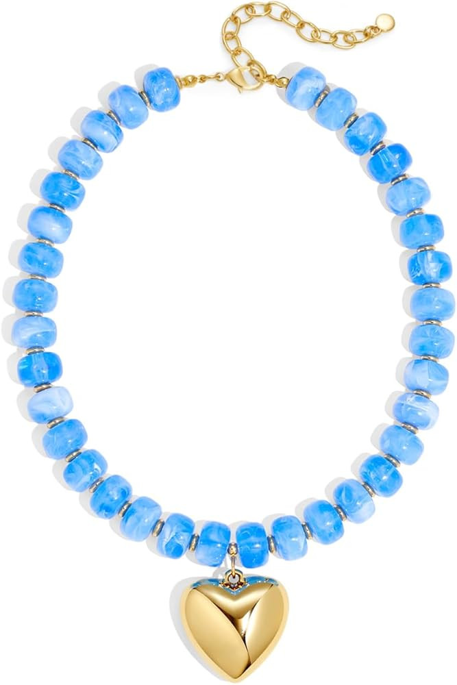 Puffy Gold Heart Necklaces For Women Chunky Beaded Necklace in Several Colorways Short Heart Chok... | Amazon (US)