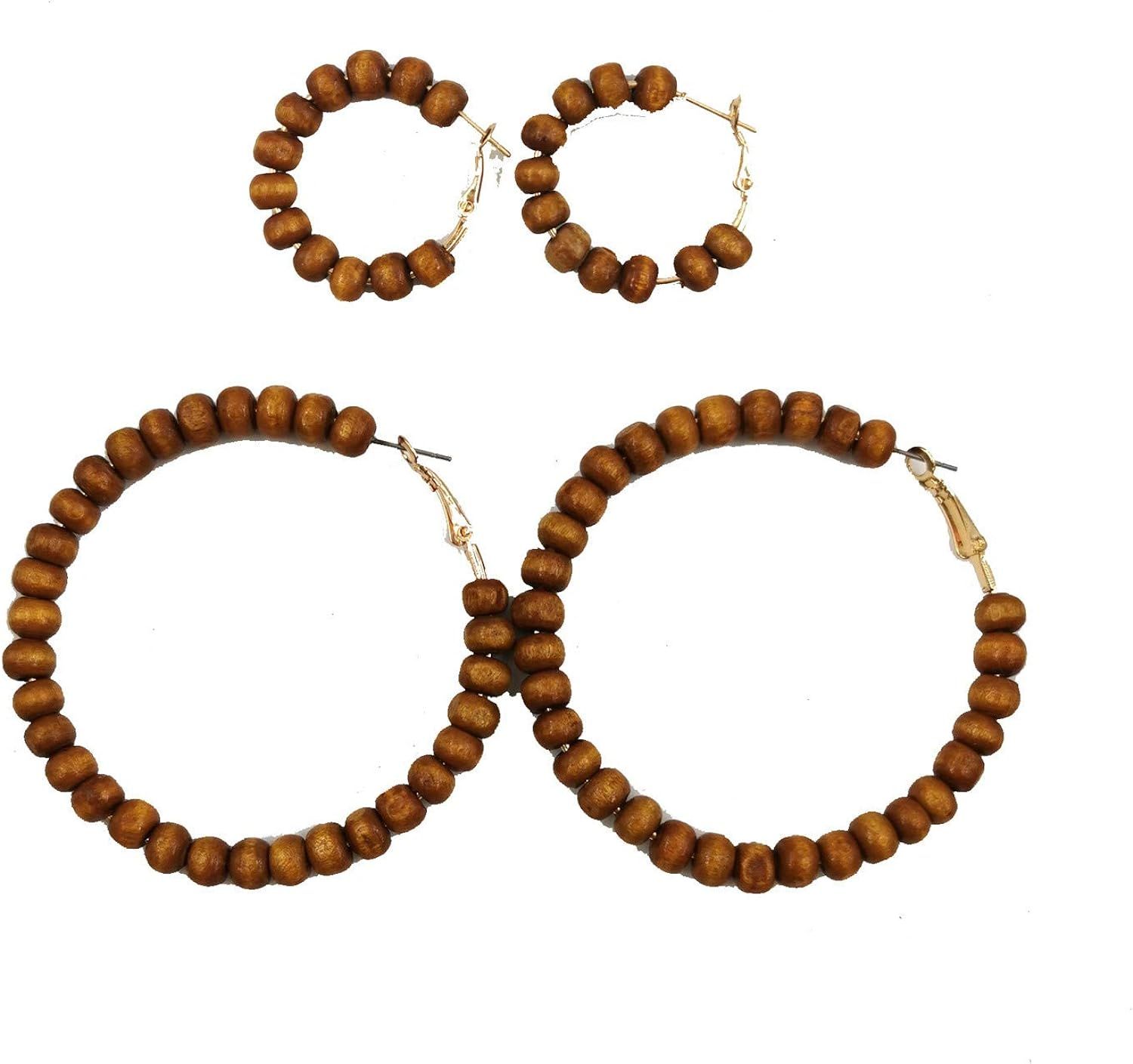 2 Pairs Minimalist Wooden Beads Big Hoop Earrings Set Vintage Wood Beaded Circle Drop Dangle Earr... | Amazon (US)