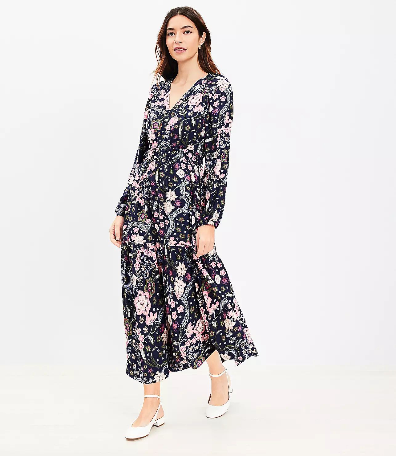Floral Shirred Flounce Midi Dress | LOFT