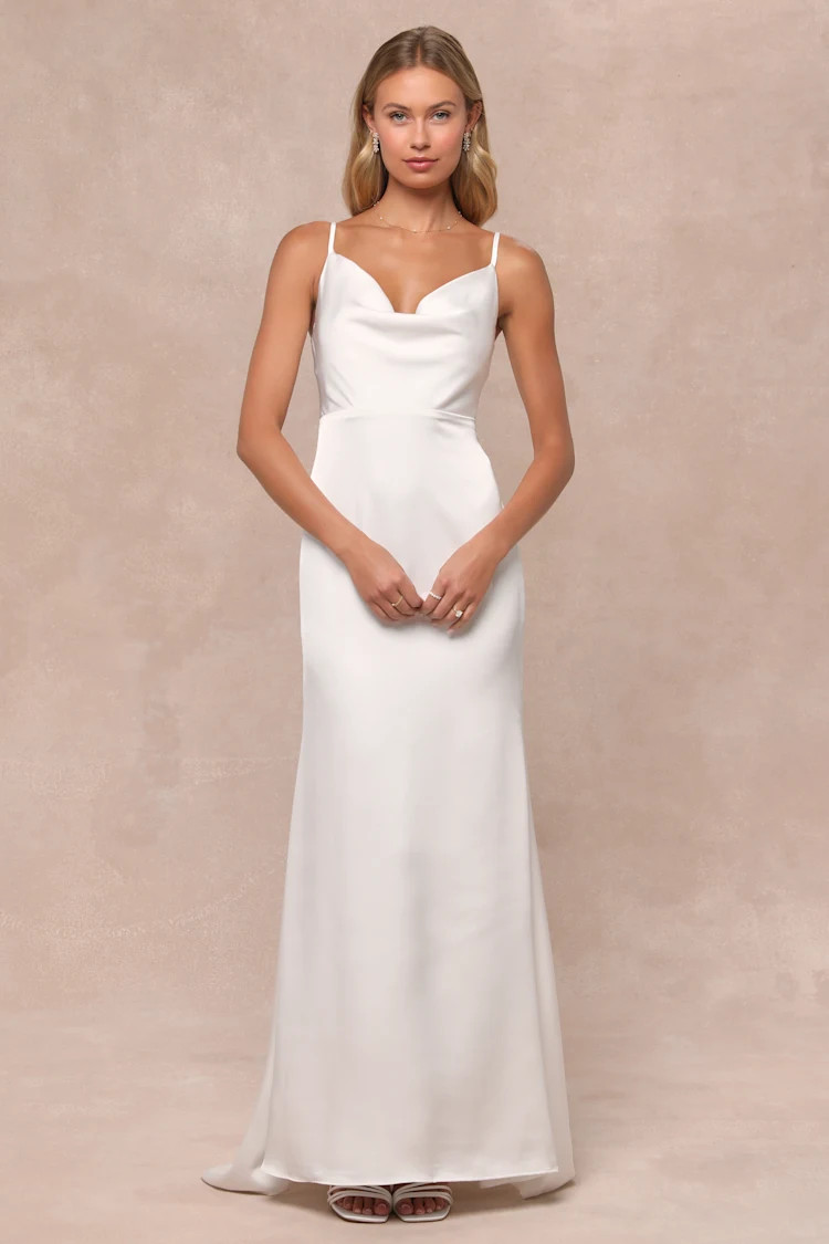 Pristine Romance White Satin Cowl Neck Mermaid Maxi Dress | Lulus